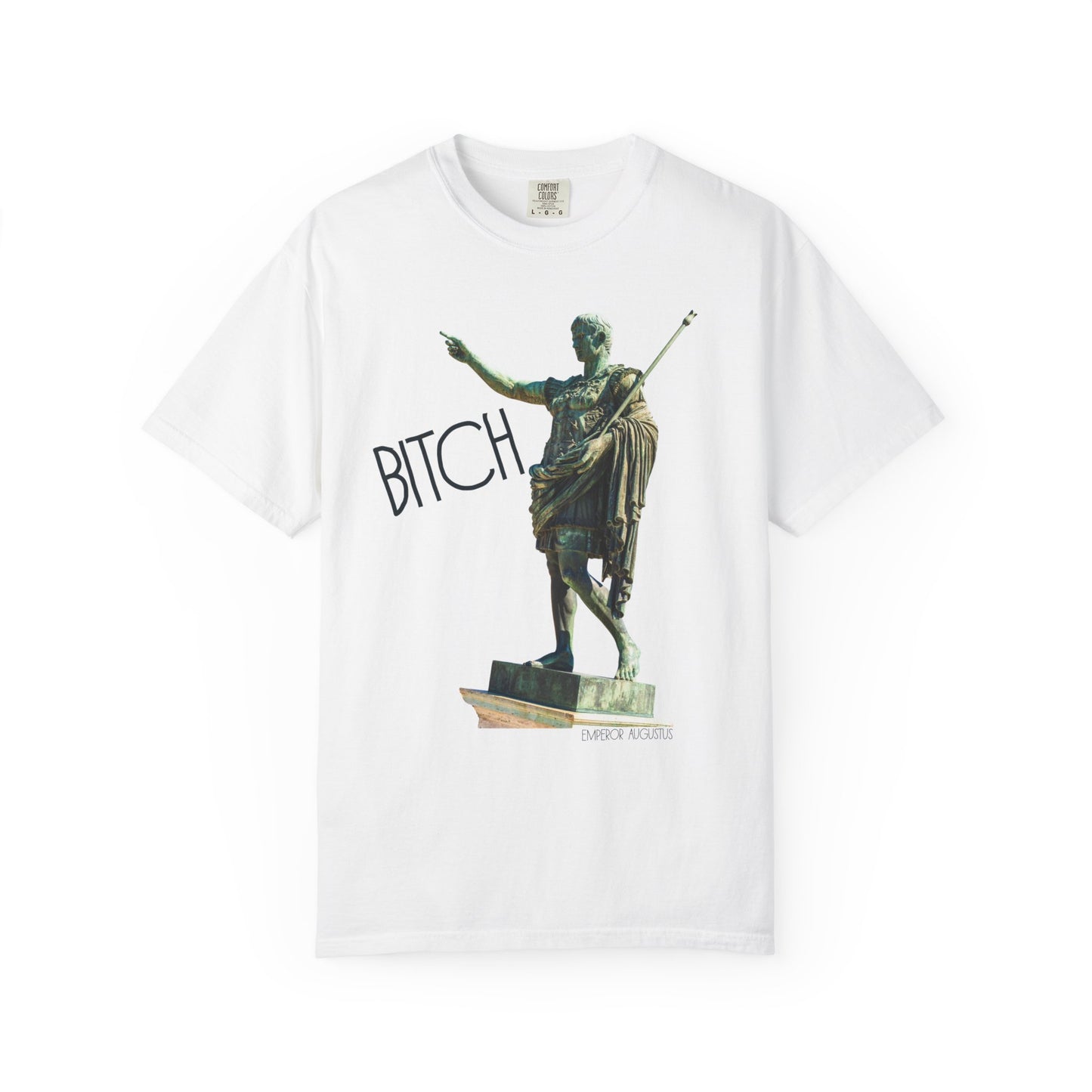 white t-shirt with a graphic of a statue pointing and the word 'Bitch' on a white background