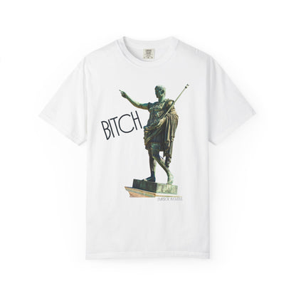 white t-shirt with a graphic of a statue pointing and the word 'Bitch' on a white background
