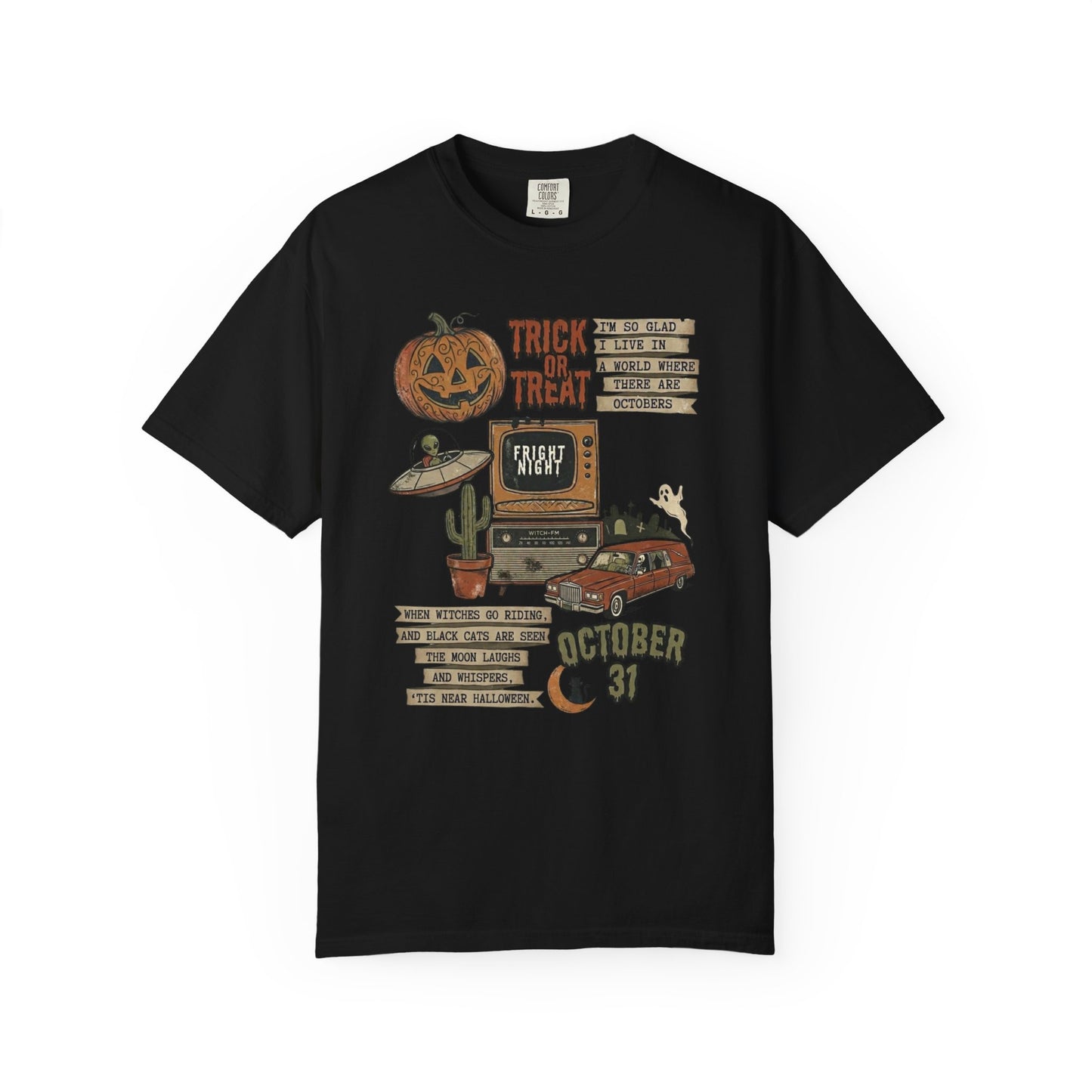 Halloween Retro Graphic T-Shirt in Black — vintage trick or treat collage tee, garment dyed