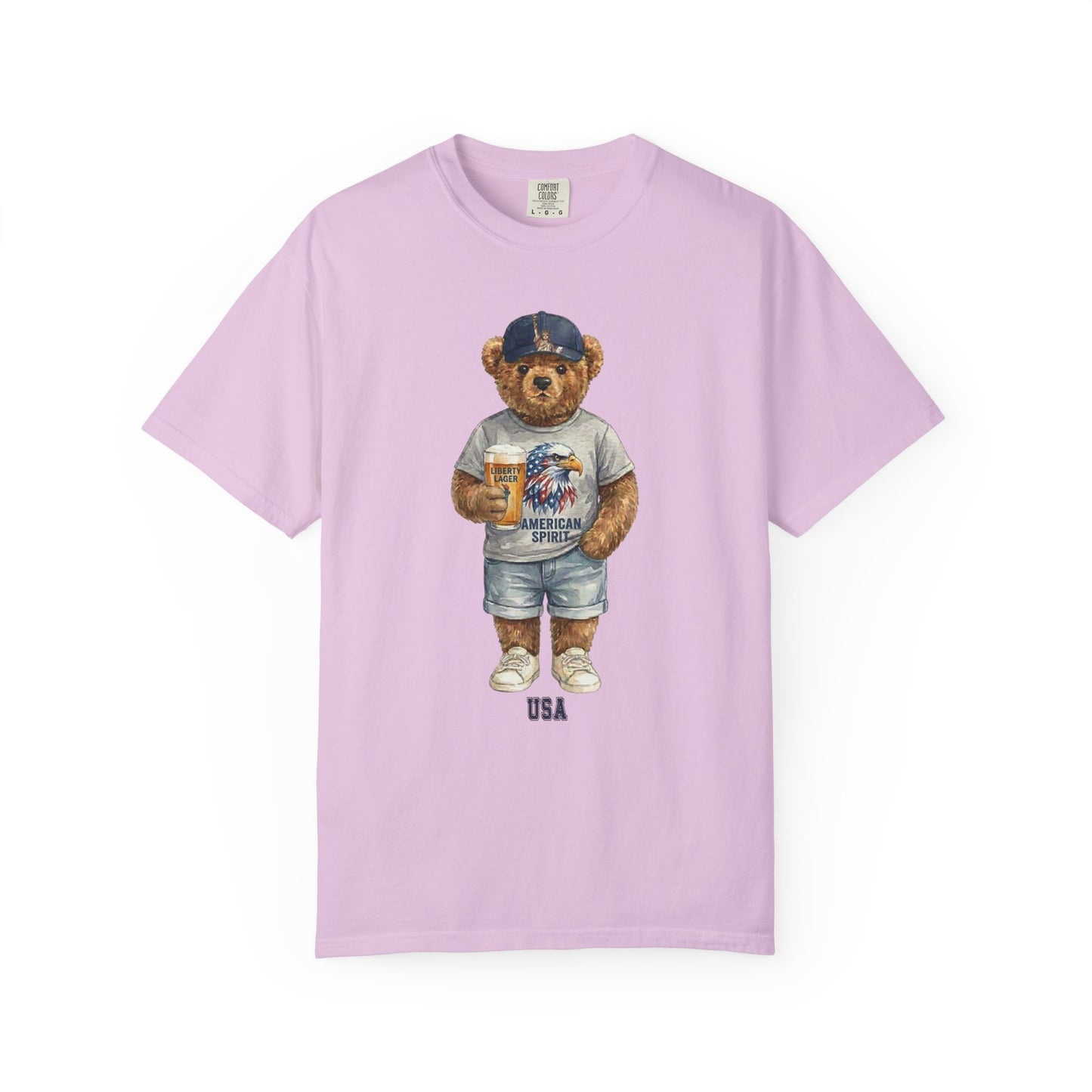 orchid t-shirt with a teddy bear graphic on a white background
