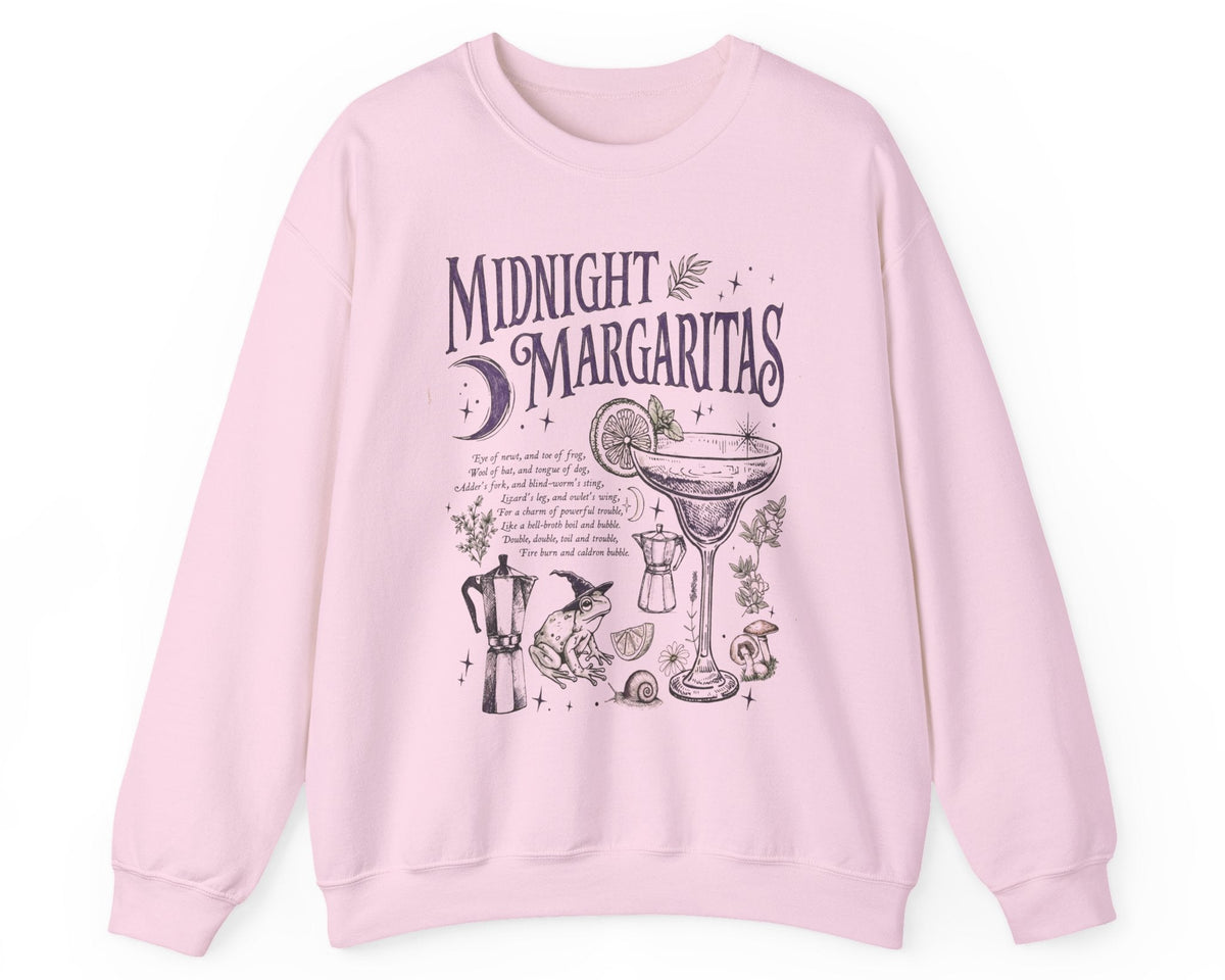 Midnight Margaritas crewneck sweatshirt in Pink — front cocktail graphic and occult cottagecore symbols on back, including COEXIST