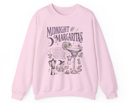 Midnight Margaritas crewneck sweatshirt in Pink — front cocktail graphic and occult cottagecore symbols on back, including COEXIST
