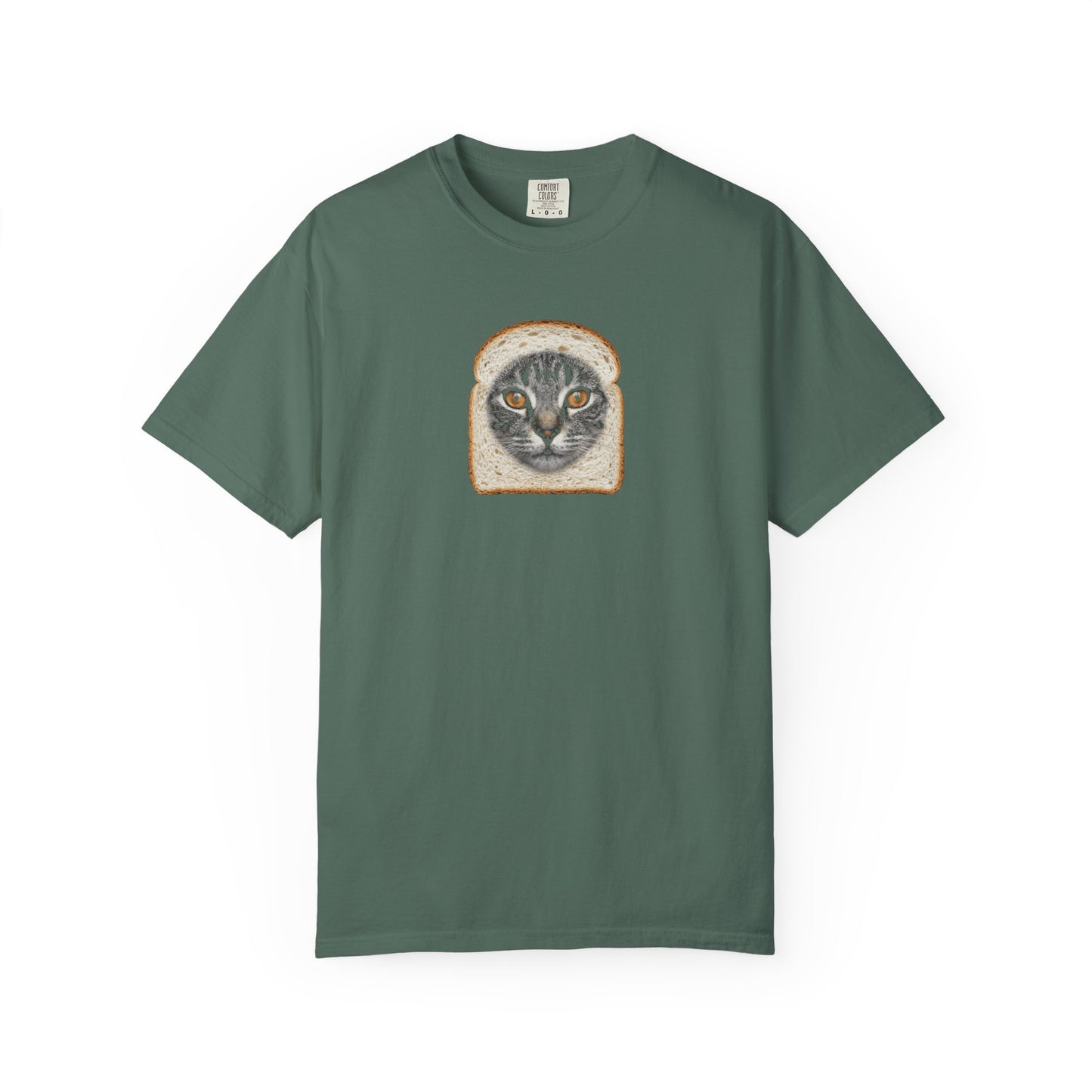 moss t-shirt with graphic of cat sticking out a bread loaf on a white background