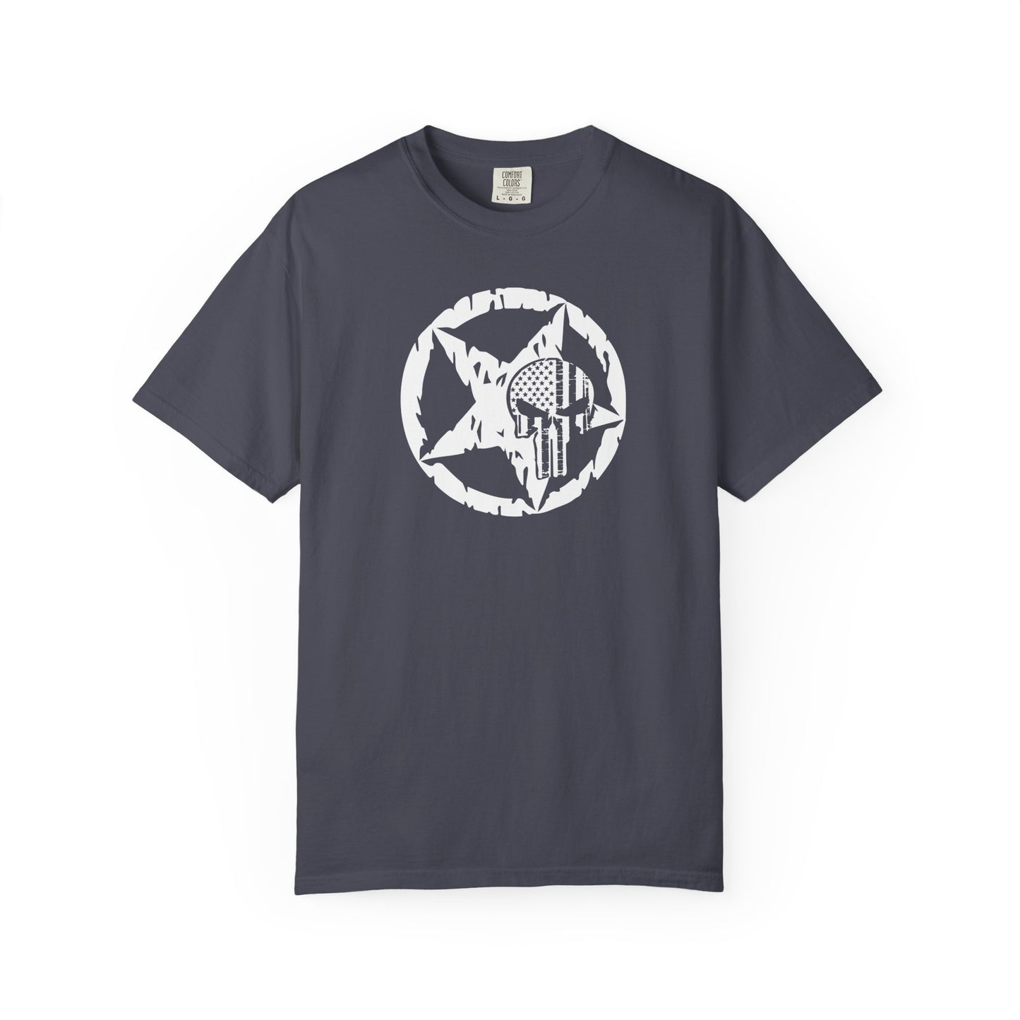 navy t-shirt with white star and circle design on front, and Punisher skull design on back