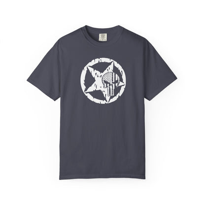 navy t-shirt with white star and circle design on front, and Punisher skull design on back