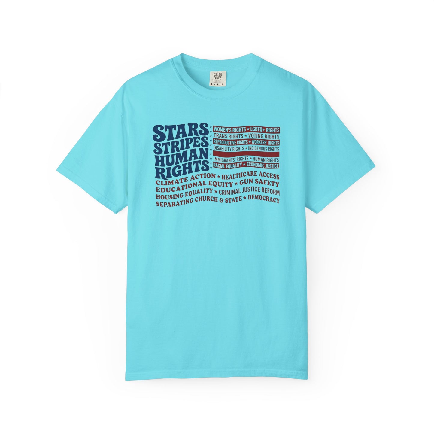 Lagoon Blue garment-dyed Stars & Stripes Human Rights T-Shirt, patriotic social justice graphic tee in heavyweight ring-spun cotton