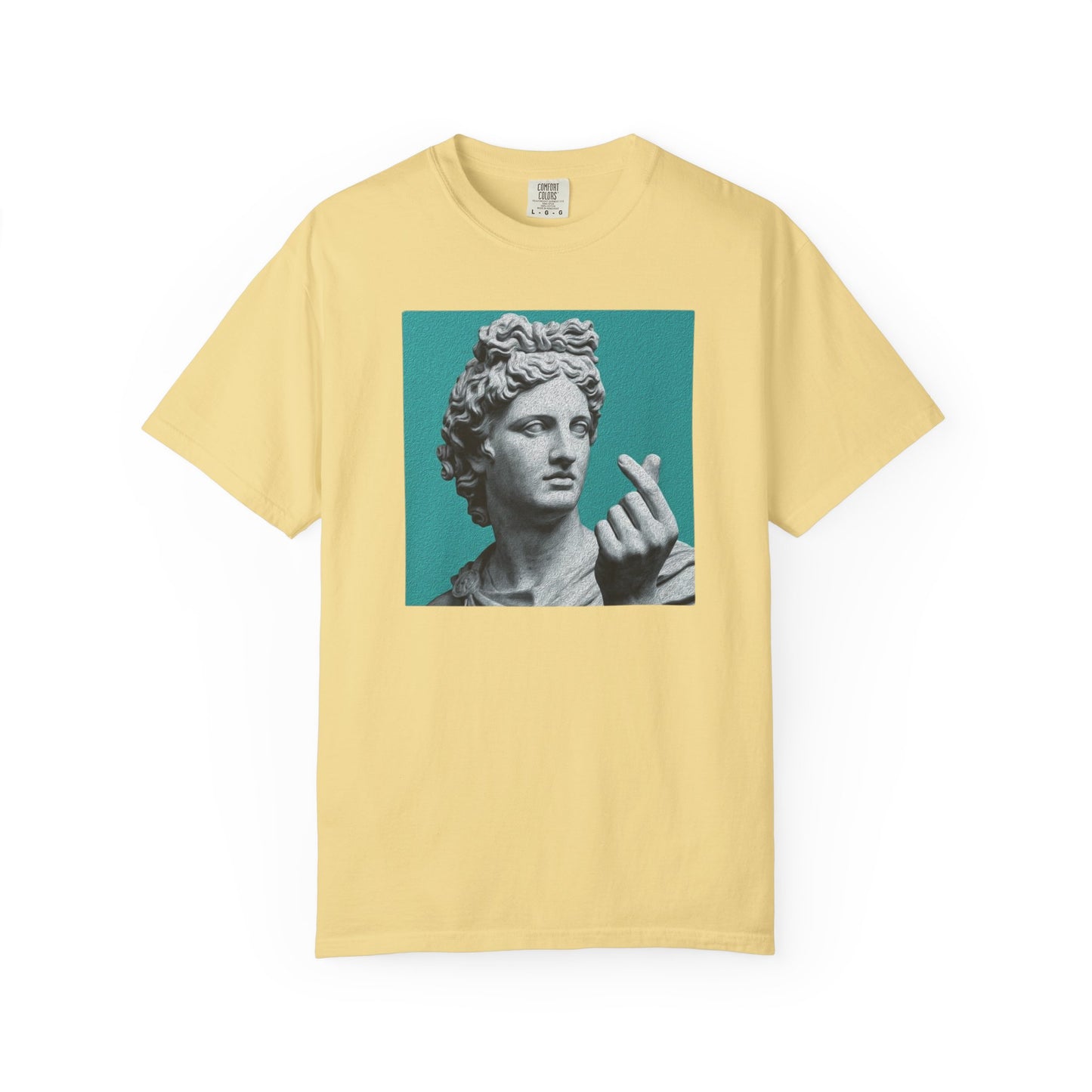 Statue Heart Gesture T-Shirt in Butter — marble statue heart gesture graphic, vintage art garment-dyed tee