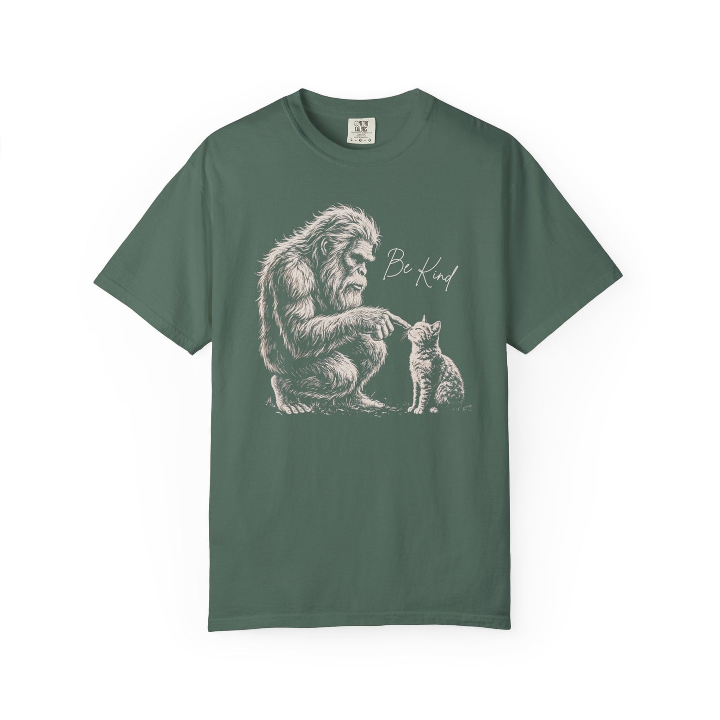 Be Kind Bigfoot & Kitten T-Shirt in Blue Spruce — Sasquatch graphic tee for cat lovers