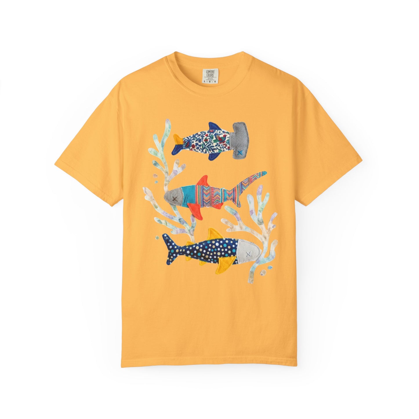 Faux patterned sharks graphic tee in Citrus showing the hand-painted shark illustration with tidepool textures — color mockup