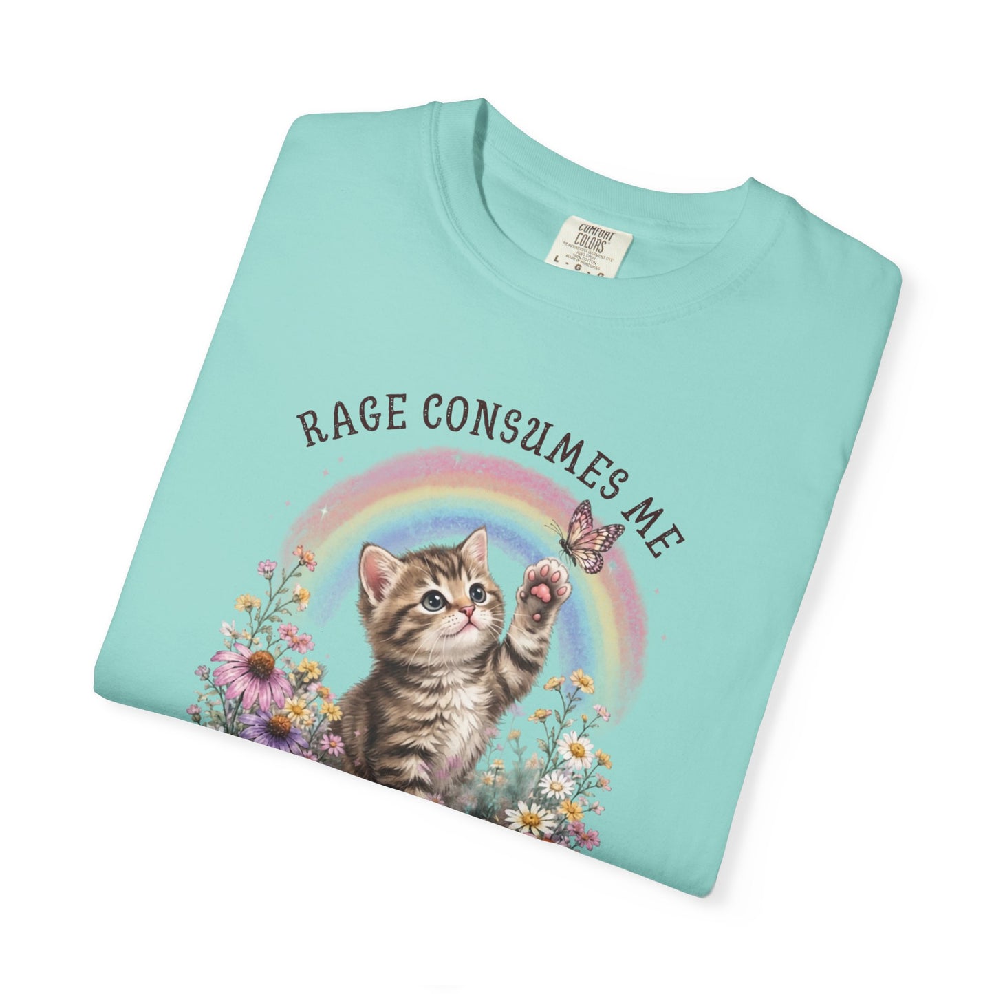 Rage Consumes Me funny cat graphic tee in Chalky Mint — Comfort Colors garment-dyed shirt with floral kitten design
