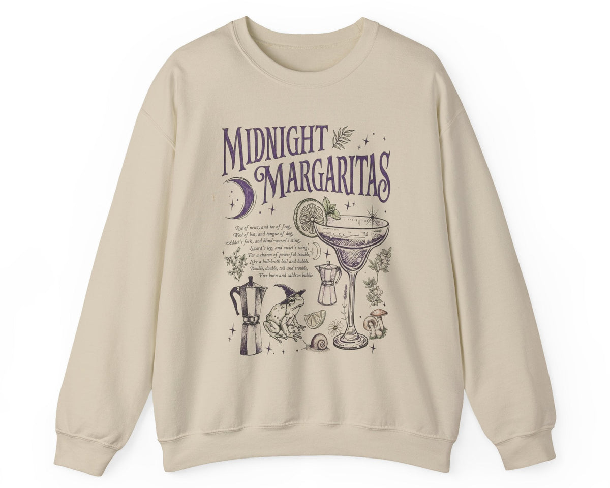 Midnight Margaritas crewneck sweatshirt in Sand— front cocktail graphic and occult cottagecore symbols on back, including COEXIST