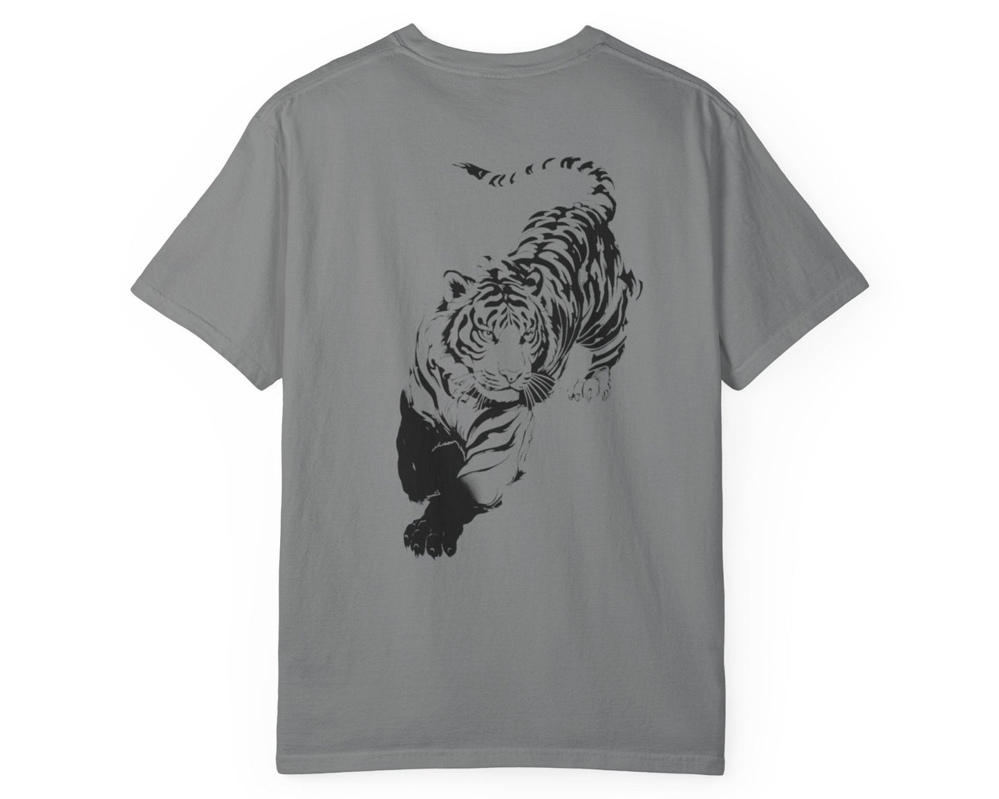 Tiger claw mark front and stalking tiger back graphic tee in PEPPER, heavyweight garment-dyed cotton