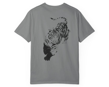 Tiger claw mark front and stalking tiger back graphic tee in PEPPER, heavyweight garment-dyed cotton