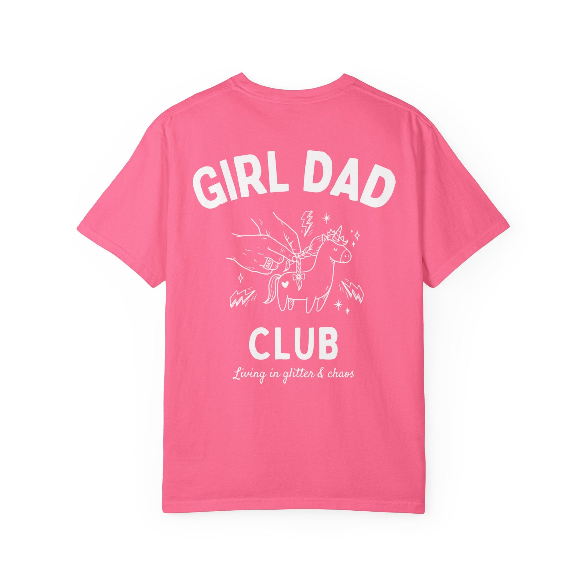 Girl Dad Club neon pink t-shirt with graphic print on a plain background