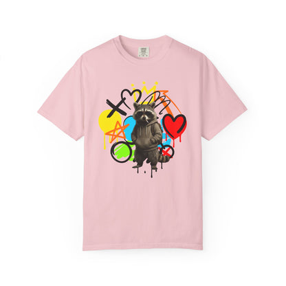 Graffiti Raccoon T-Shirt — Street Art Graphic Tee with Heart & Crown
