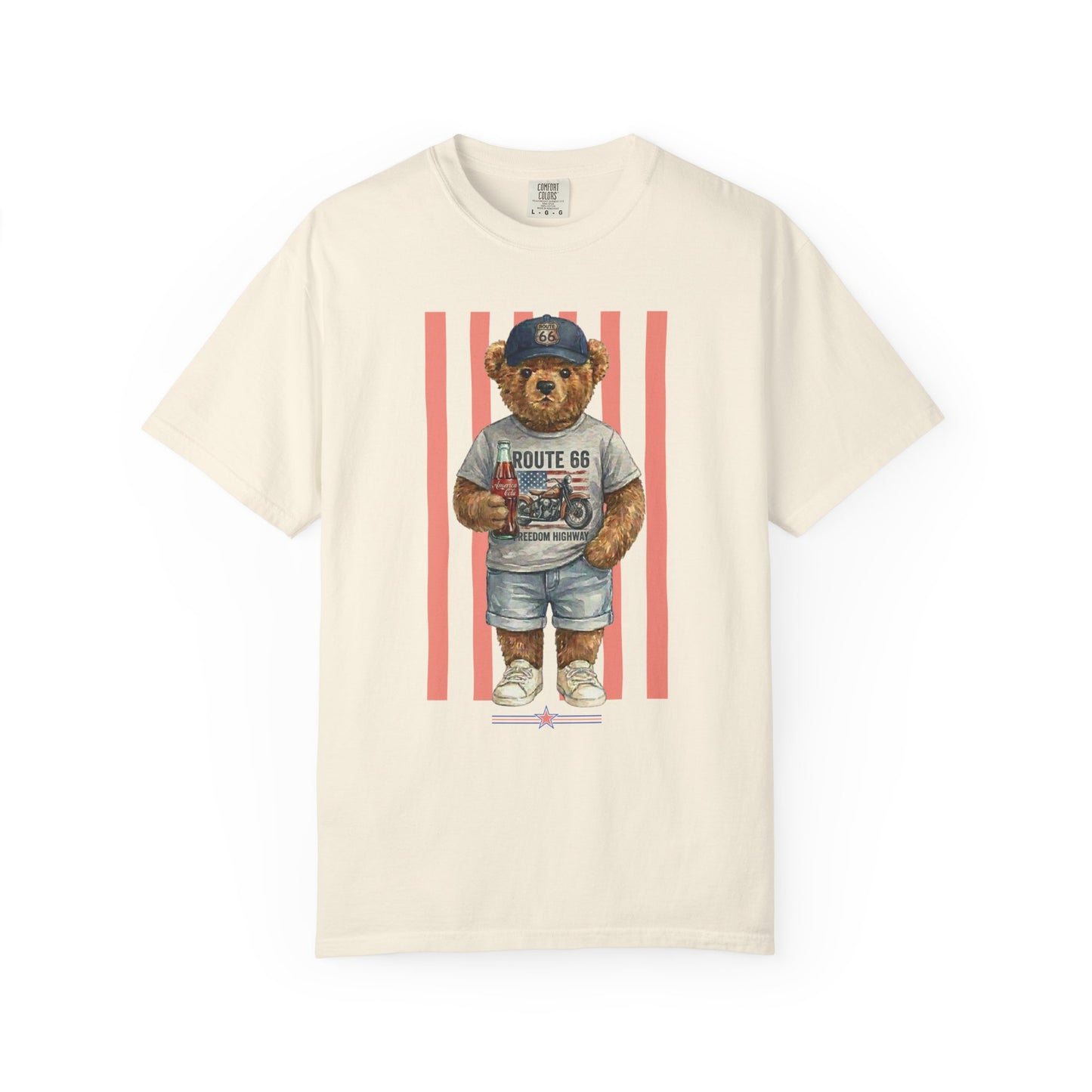 Ivory t-shirt with a bear graphic holding a bottle on a white background