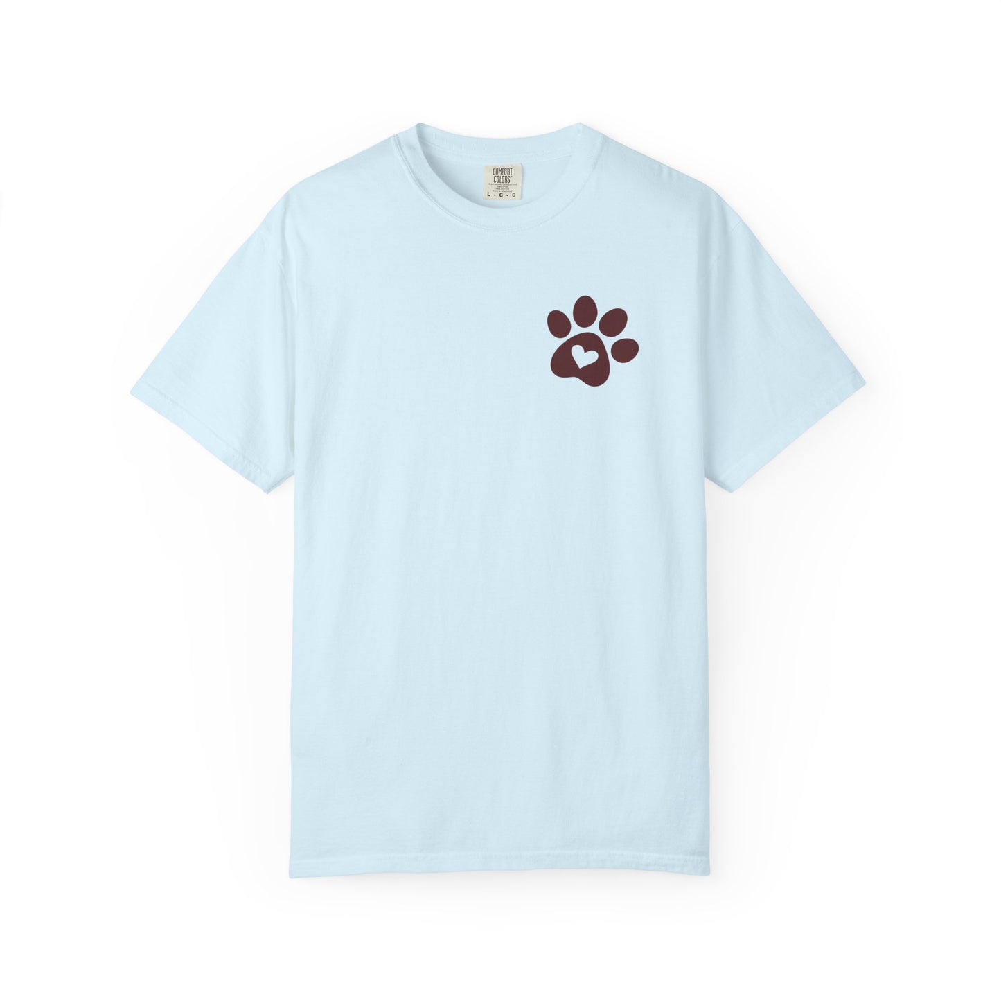 chambray t-shirt with a brown paw print design on a white background
