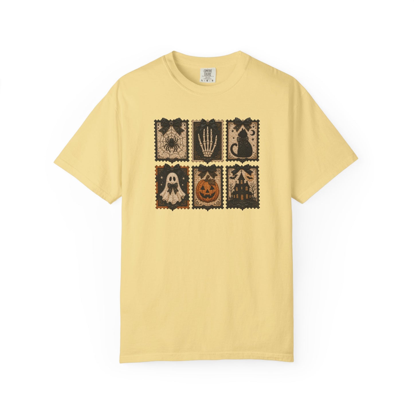 Vintage Halloween Faux Patchwork T-Shirt — Spooky Stamp Graphic Tee
