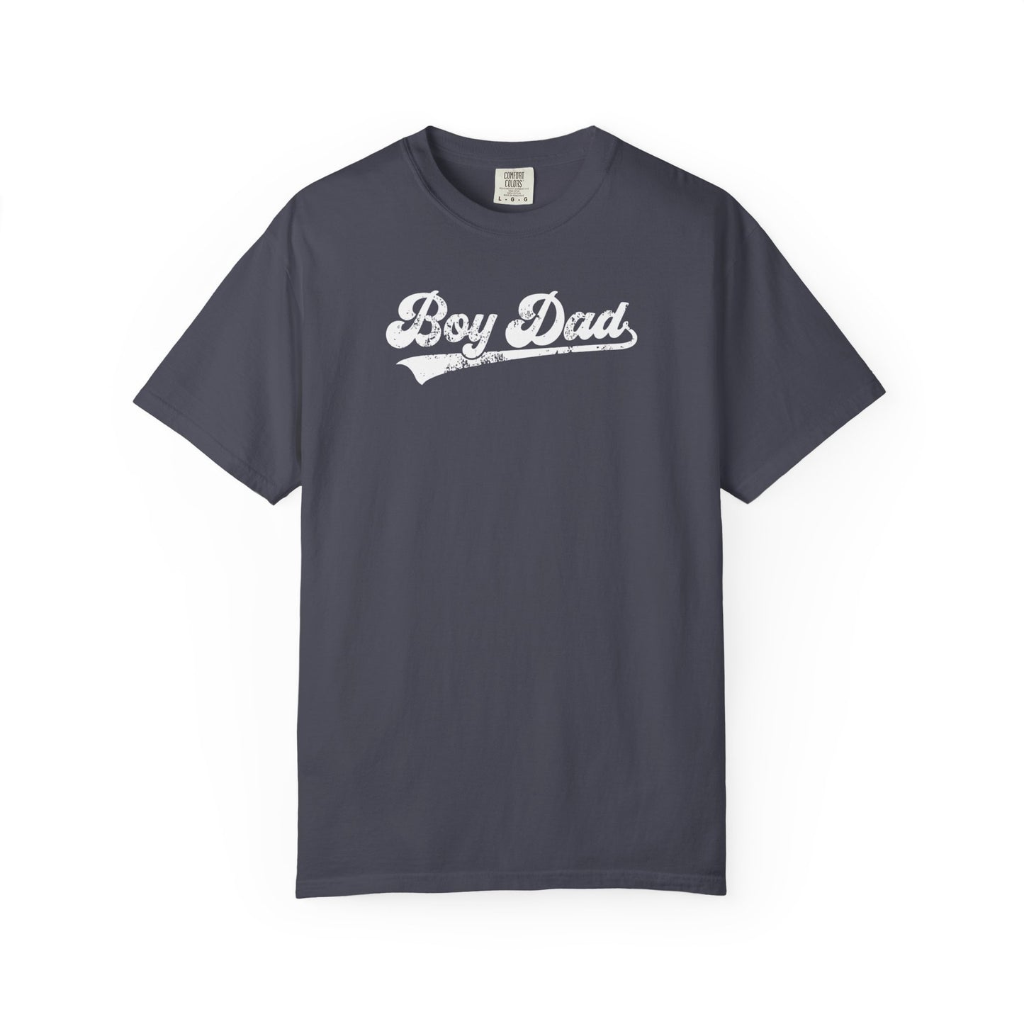 Navy t-shirt with 'Boy Dad' text on a white background