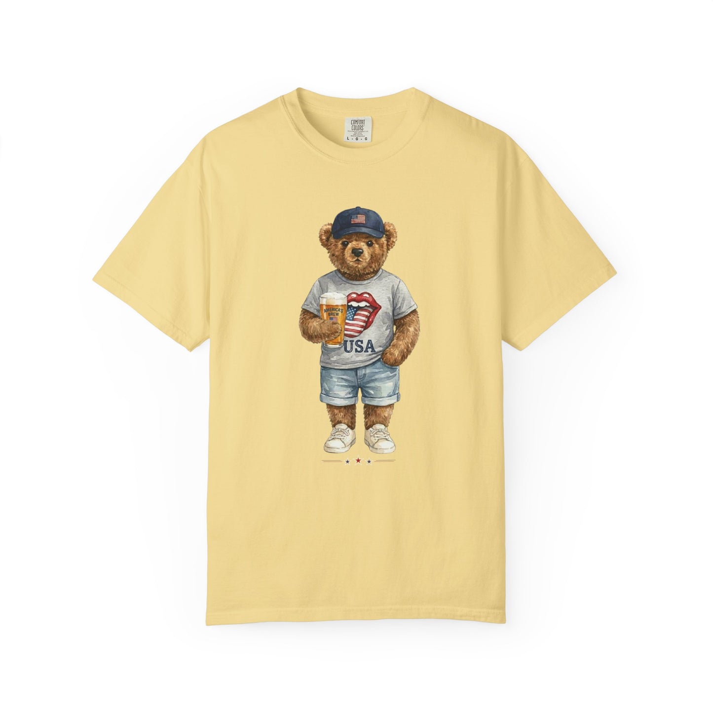 banana t-shirt with a bear graphic wearing a cap, shorts, and a shirt on a white background