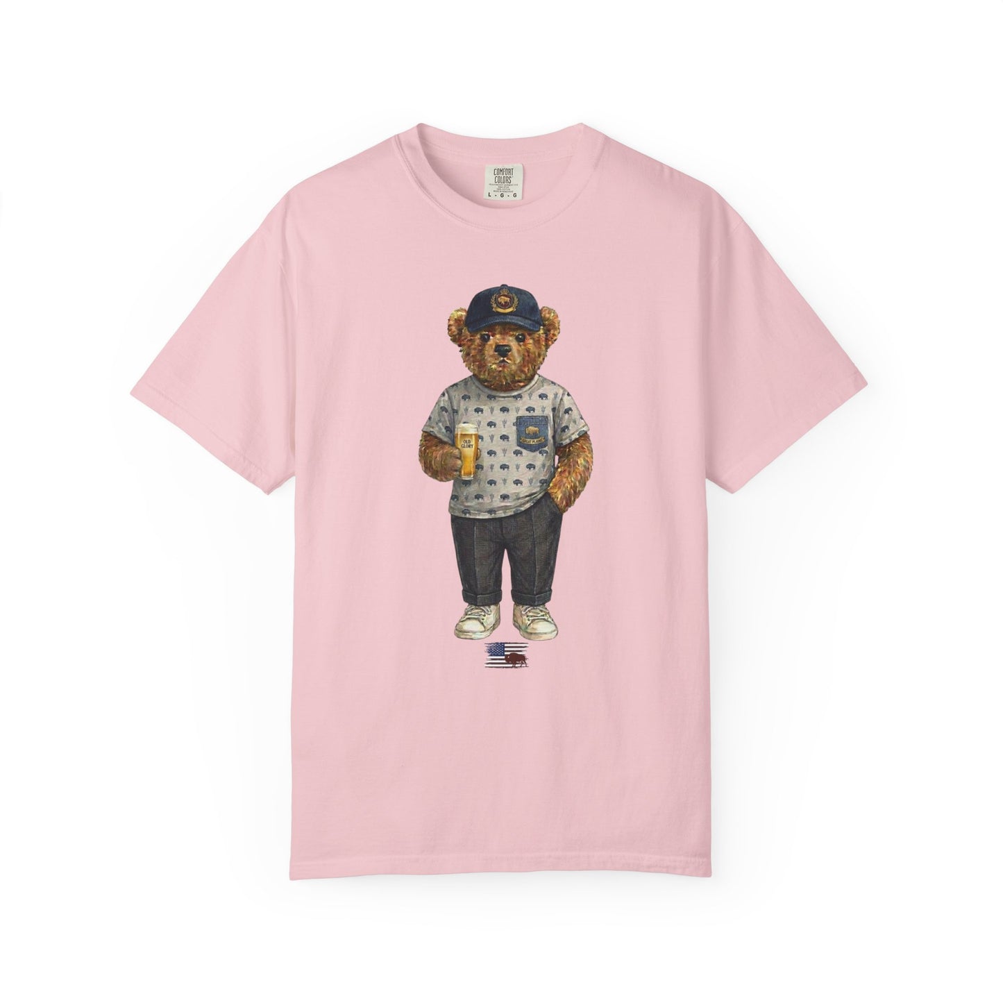 blossom t-shirt with a bear graphic holding a beer mug on a white background