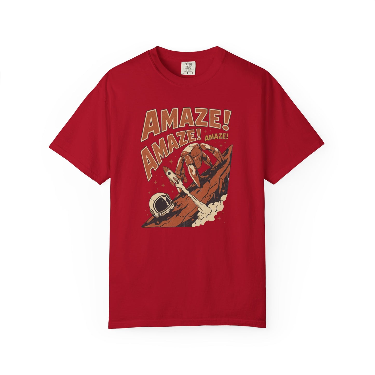Amaze Rocky Comfort Colors Shirt in Red – sci-fi graphic tee, soft garment-dyed unisex fit