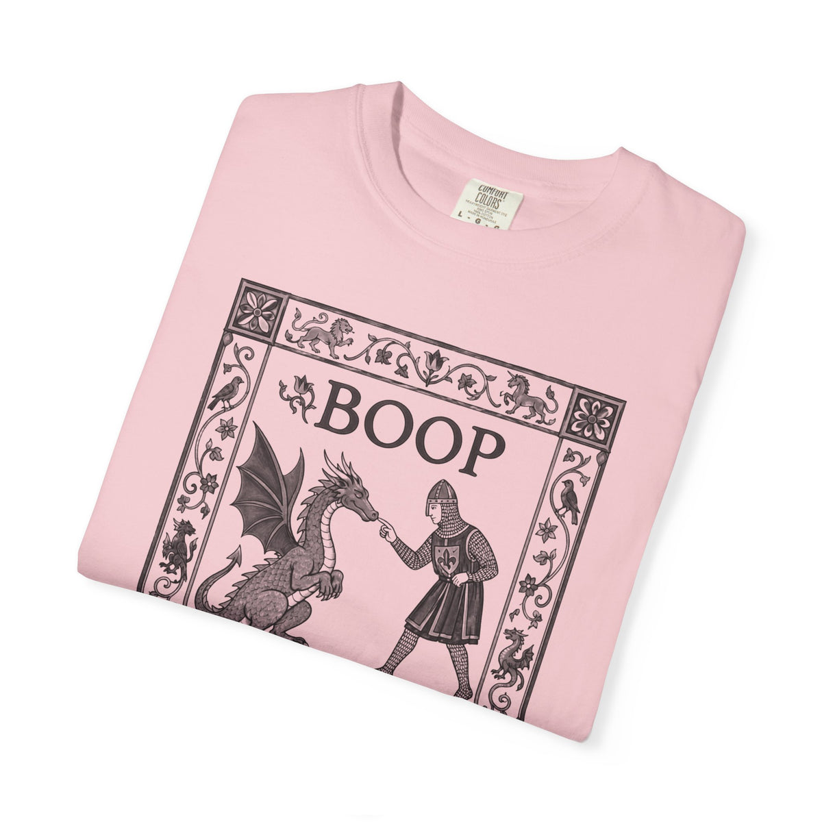Boop Dragon T-Shirt in Blossom — vintage illustration tee featuring an armored knight and winged dragon with ornate border and "BOOP" lettering

