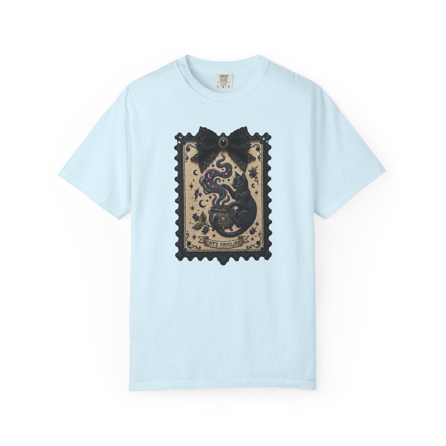 Vintage Black Cat Faux Tarot Stamp T-Shirt in Chambray — faux tarot stamp print, soft garment dyed tee