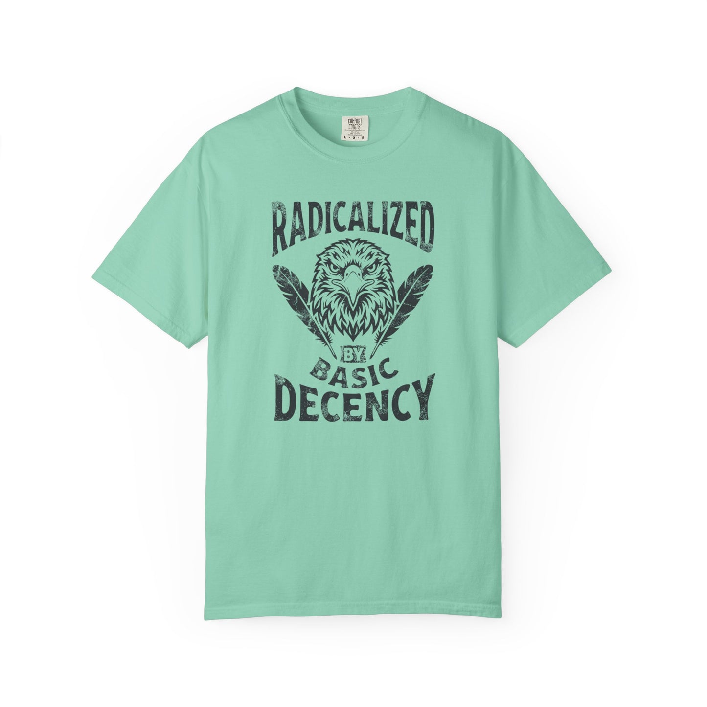 Radicalized by Basic Decency T-Shirt in Island Reef — vintage Americana eagle protest graphic tee, garment dyed
