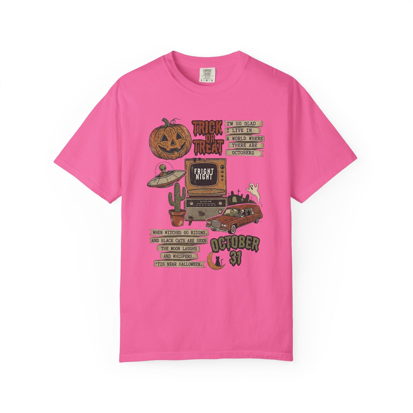 Halloween Retro Graphic T-Shirt in Neon Pink — vintage trick or treat collage tee, garment dyed