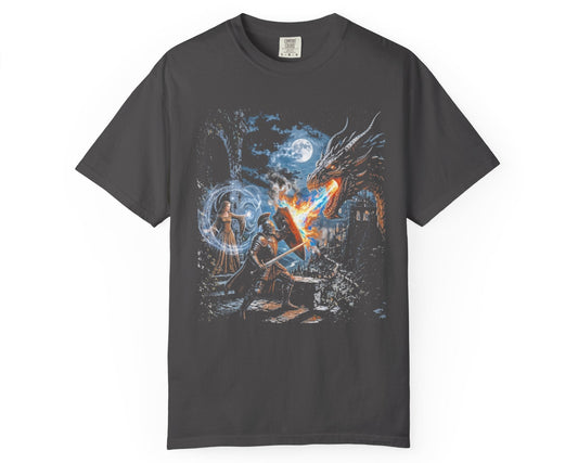 Graphite dragon knight dark romance graphic tee flat lay – gothic fairytale castle battle design on heavyweight cotton shirt