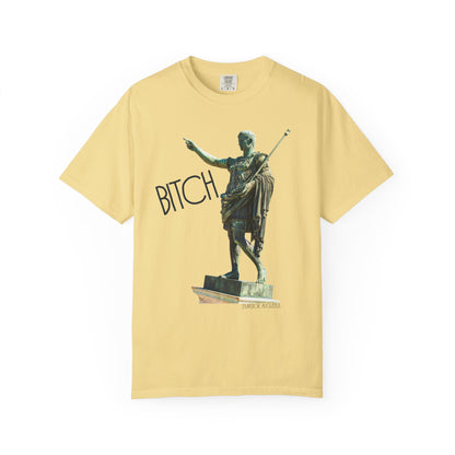 butter t-shirt with a graphic of a statue pointing and the word 'Bitch' on a white background