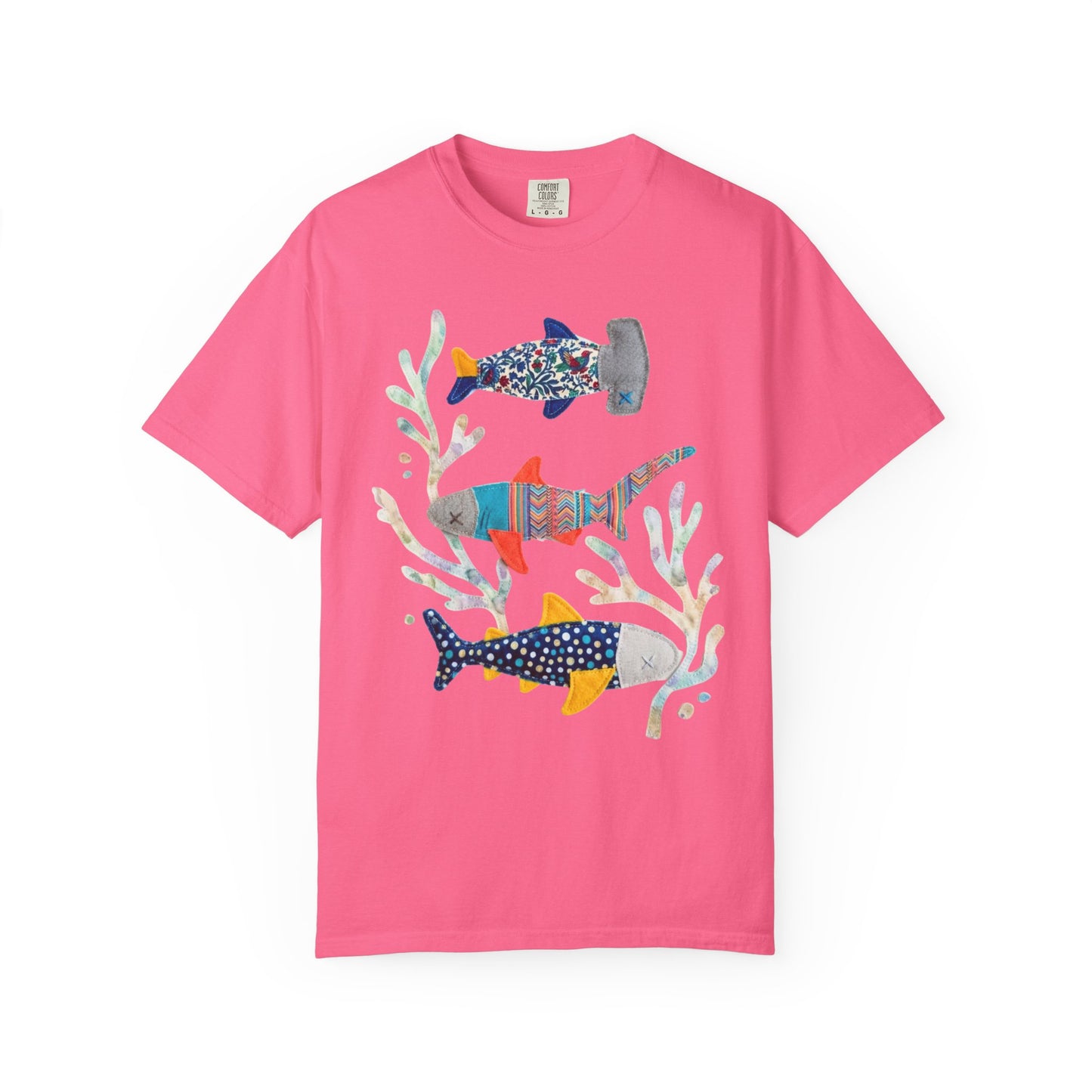 Faux patterned sharks graphic tee in Crunchberry showing the hand-painted shark illustration with tidepool textures — color mockup