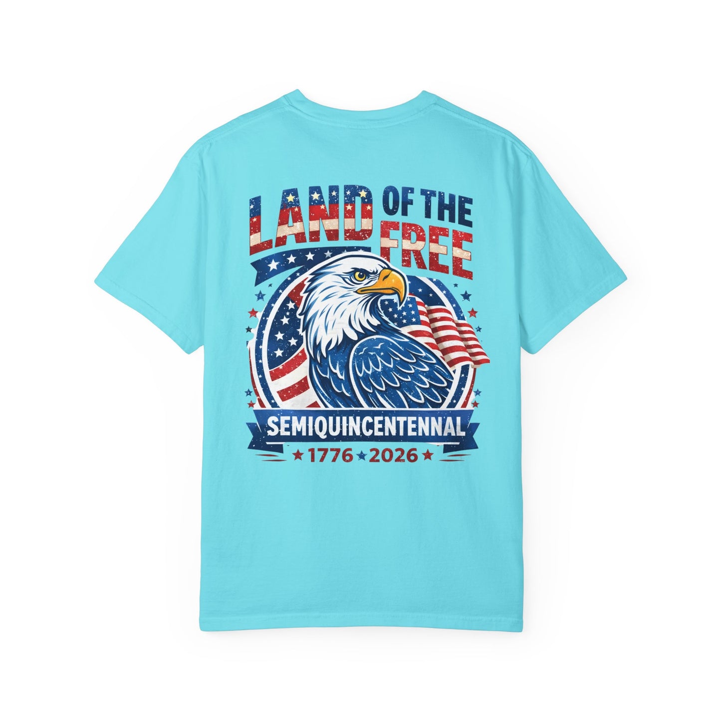 lagoon blue t-shirt with an eagle graphic and text on a white background