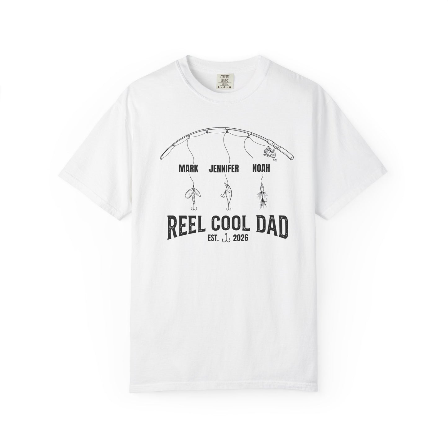 White t-shirt with fishing graphic reel cool dad  and text on a white background