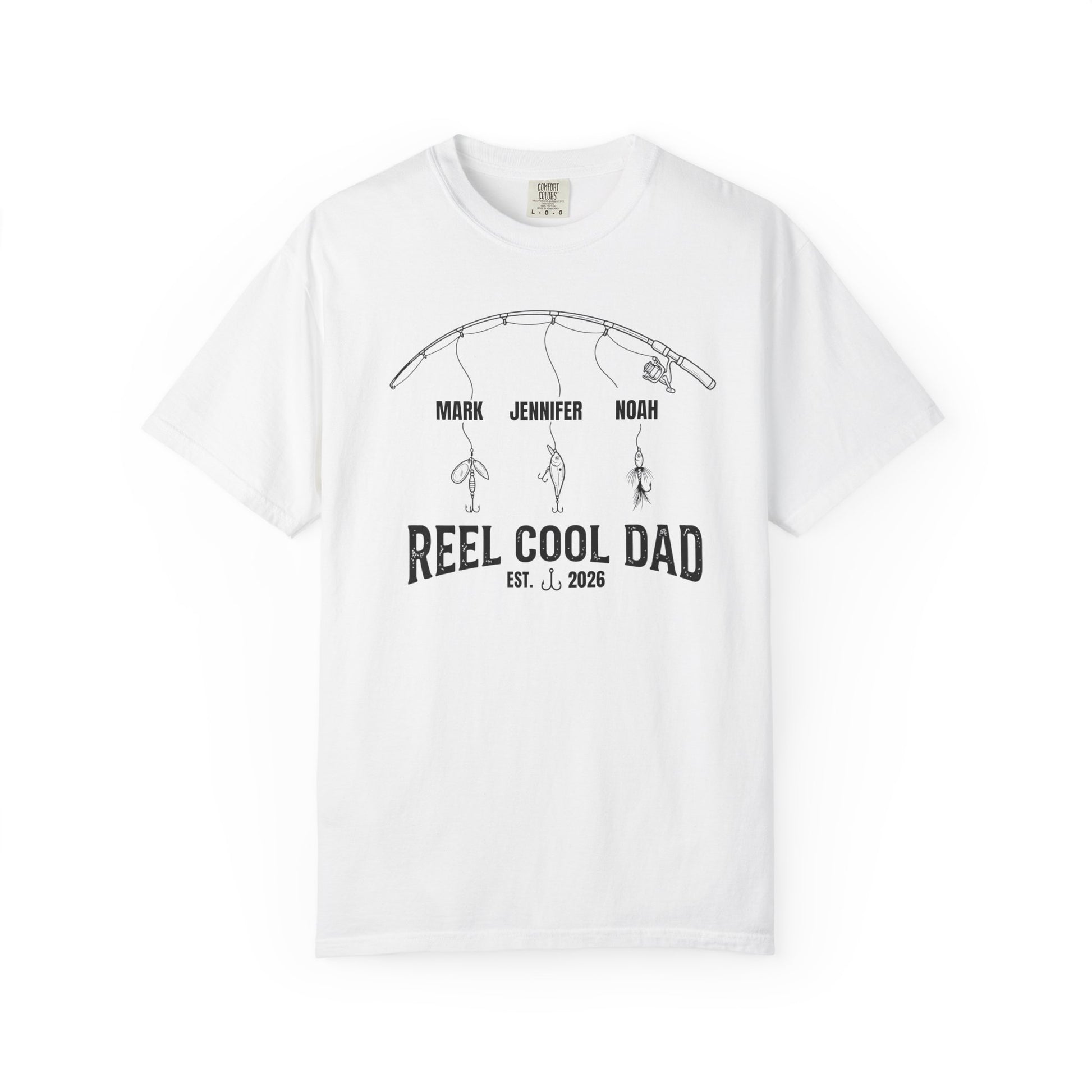 White t-shirt with fishing graphic reel cool dad  and text on a white background