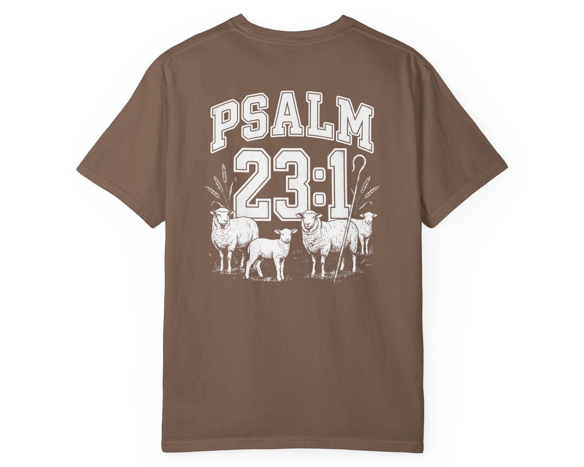 Espresso Psalm 23:1 faith shirt with shepherd graphic design and scripture text shown on model