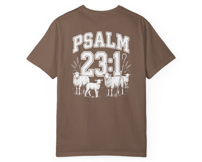 Espresso Psalm 23:1 faith shirt with shepherd graphic design and scripture text shown on model