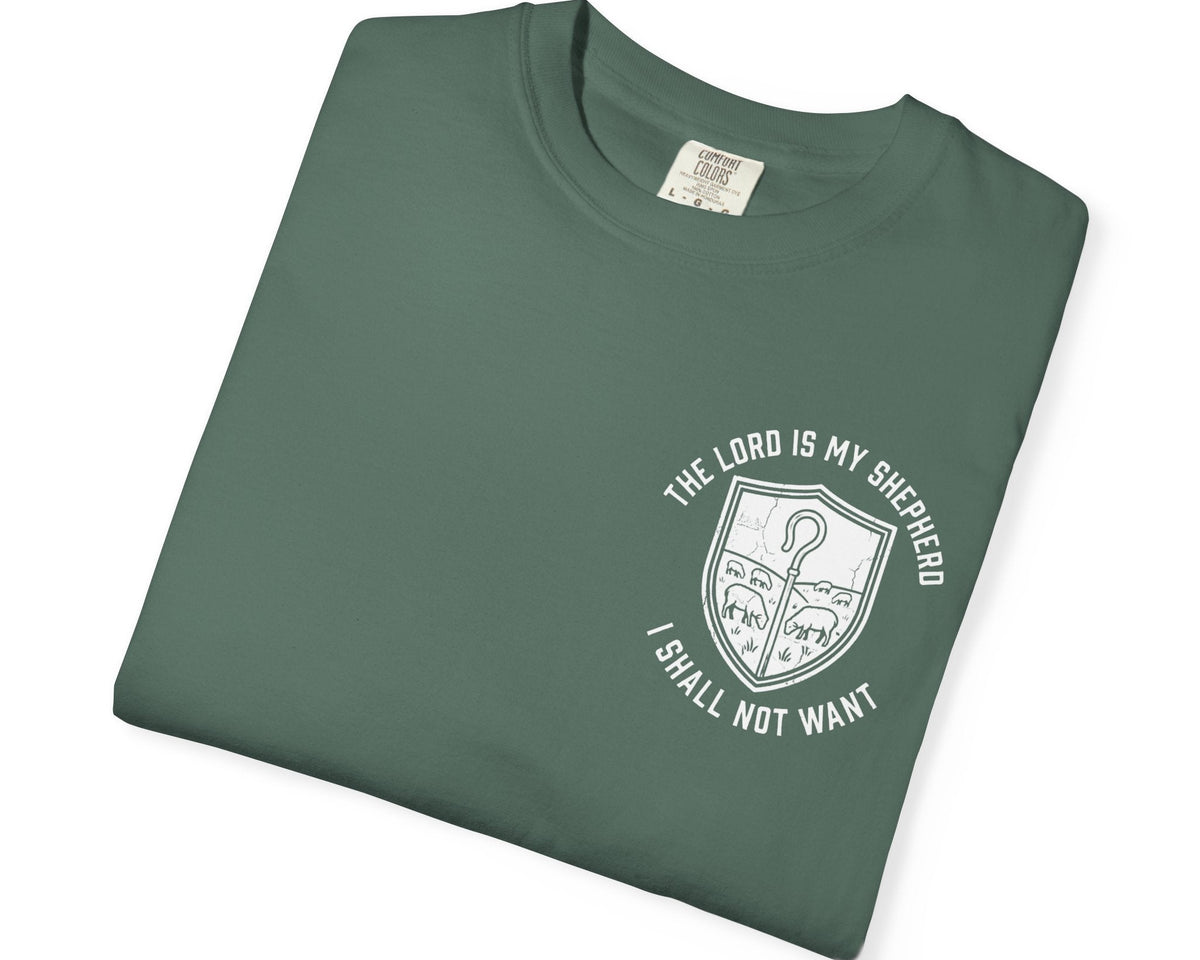 Blue Spruce Psalm 23:1 faith shirt with shepherd graphic design and scripture text shown on model
