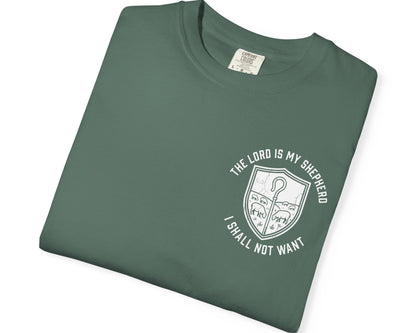 Blue Spruce Psalm 23:1 faith shirt with shepherd graphic design and scripture text shown on model