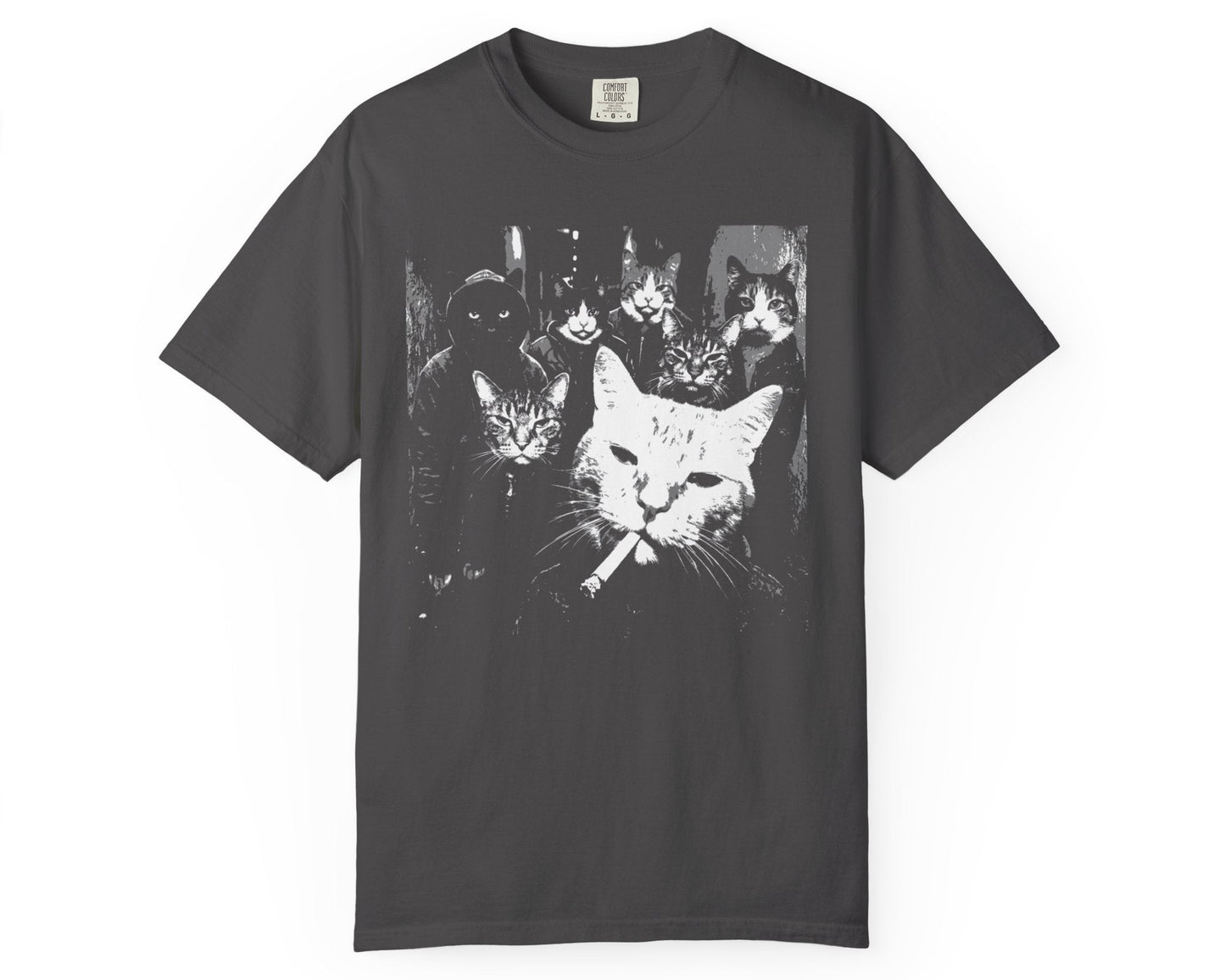 Graphite heavyweight graphic tee with a black-and-white cat gang print showing a pack of intimidating cats posed together, boss cat front and center with a cigarette, on a relaxed unisex fit t-shirt.