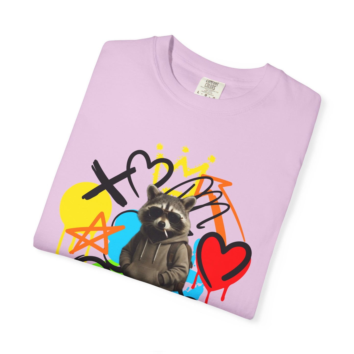 Graffiti Raccoon T-Shirt — Street Art Graphic Tee with Heart & Crown