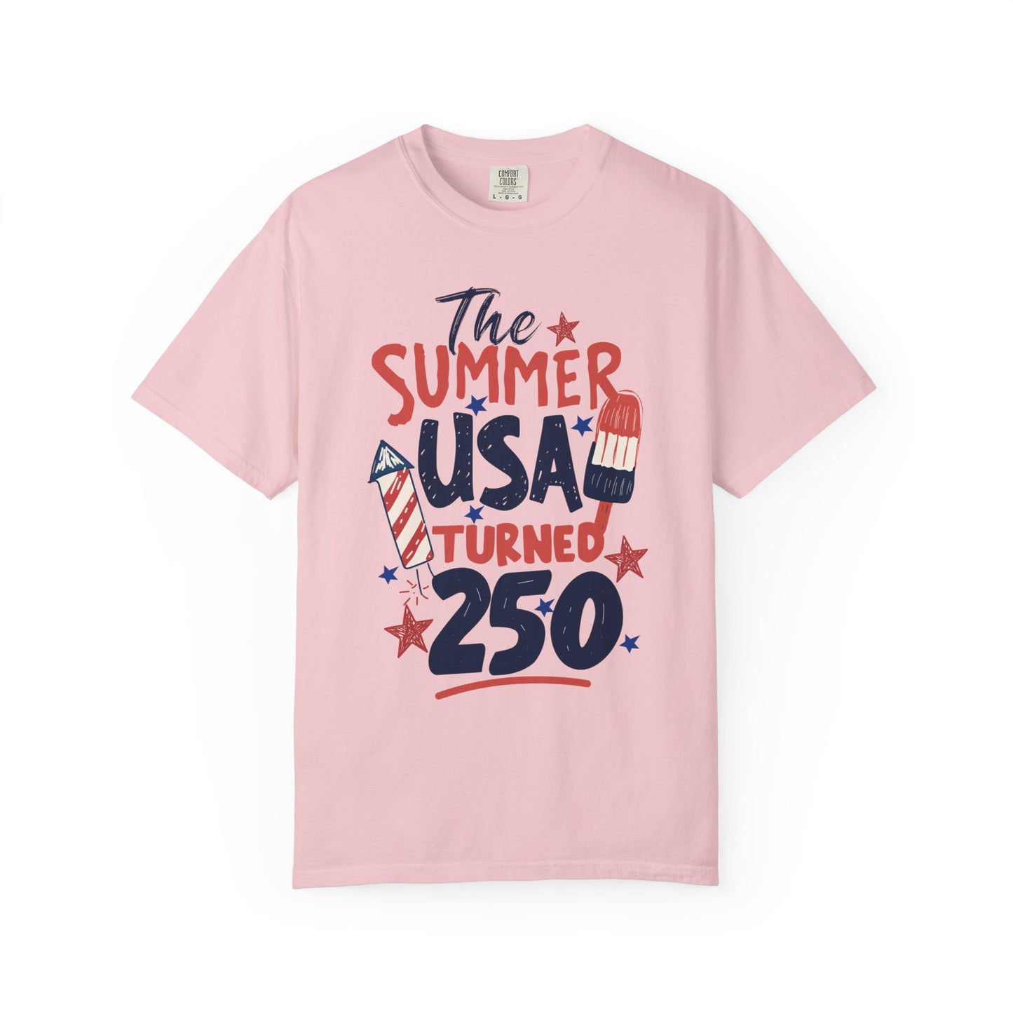 blossom t-shirt with 'The Summer USA Turned 250' text and graphics on a white background