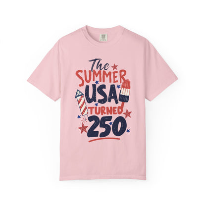 blossom t-shirt with 'The Summer USA Turned 250' text and graphics on a white background