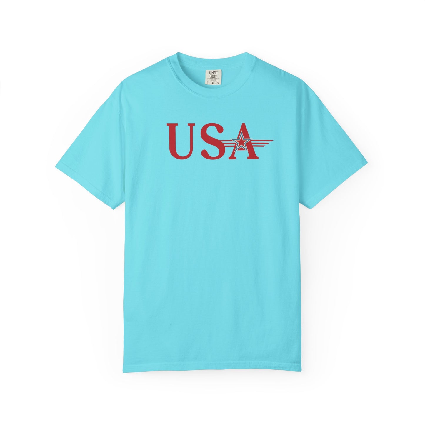 Lagoon blue t-shirt with red 'USA' design on a white background