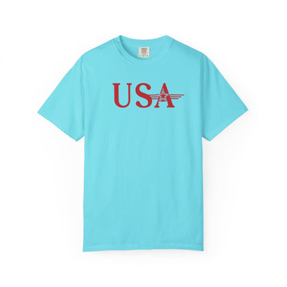 Lagoon blue t-shirt with red 'USA' design on a white background