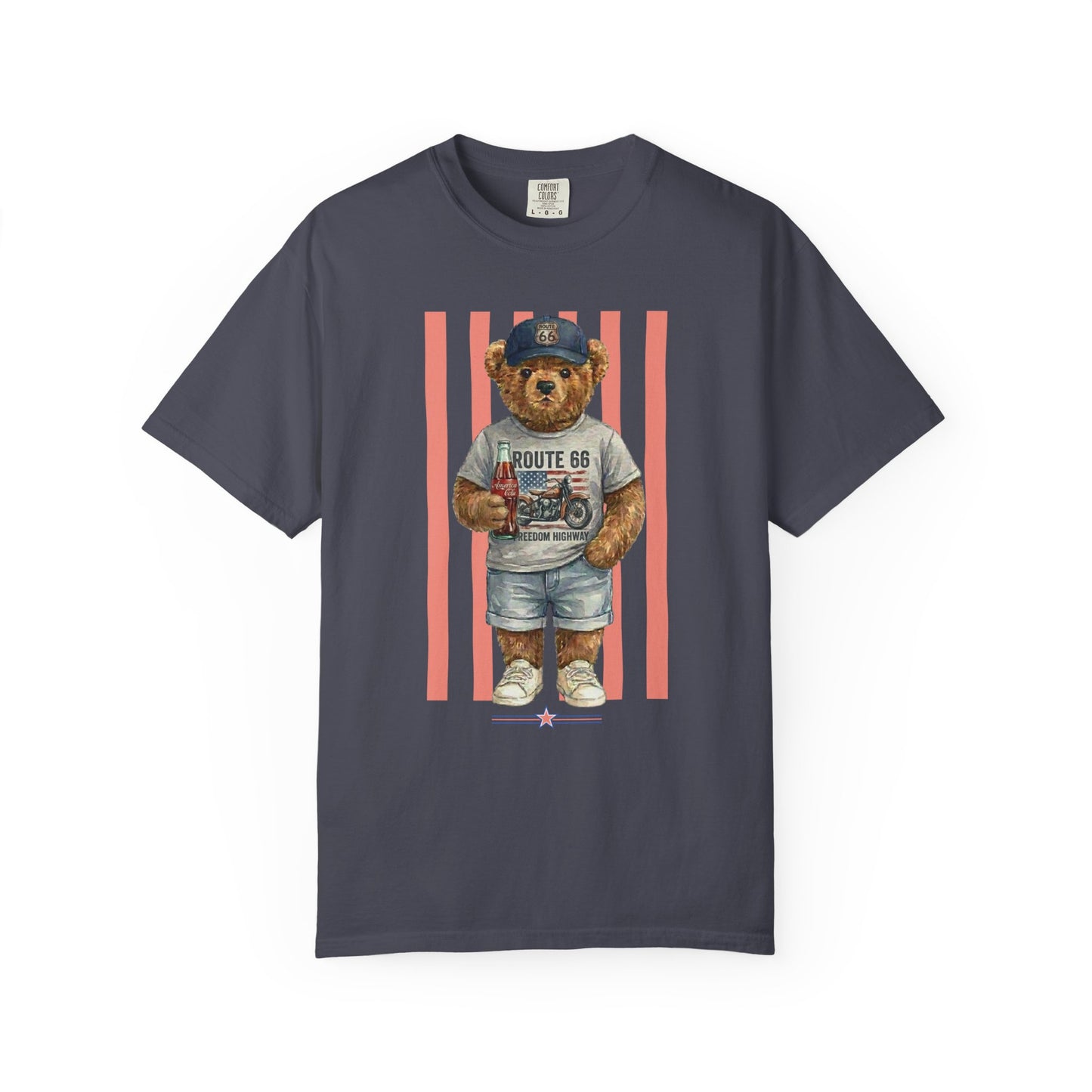navy t-shirt with a bear graphic and 'Route 66' text on a gray background
