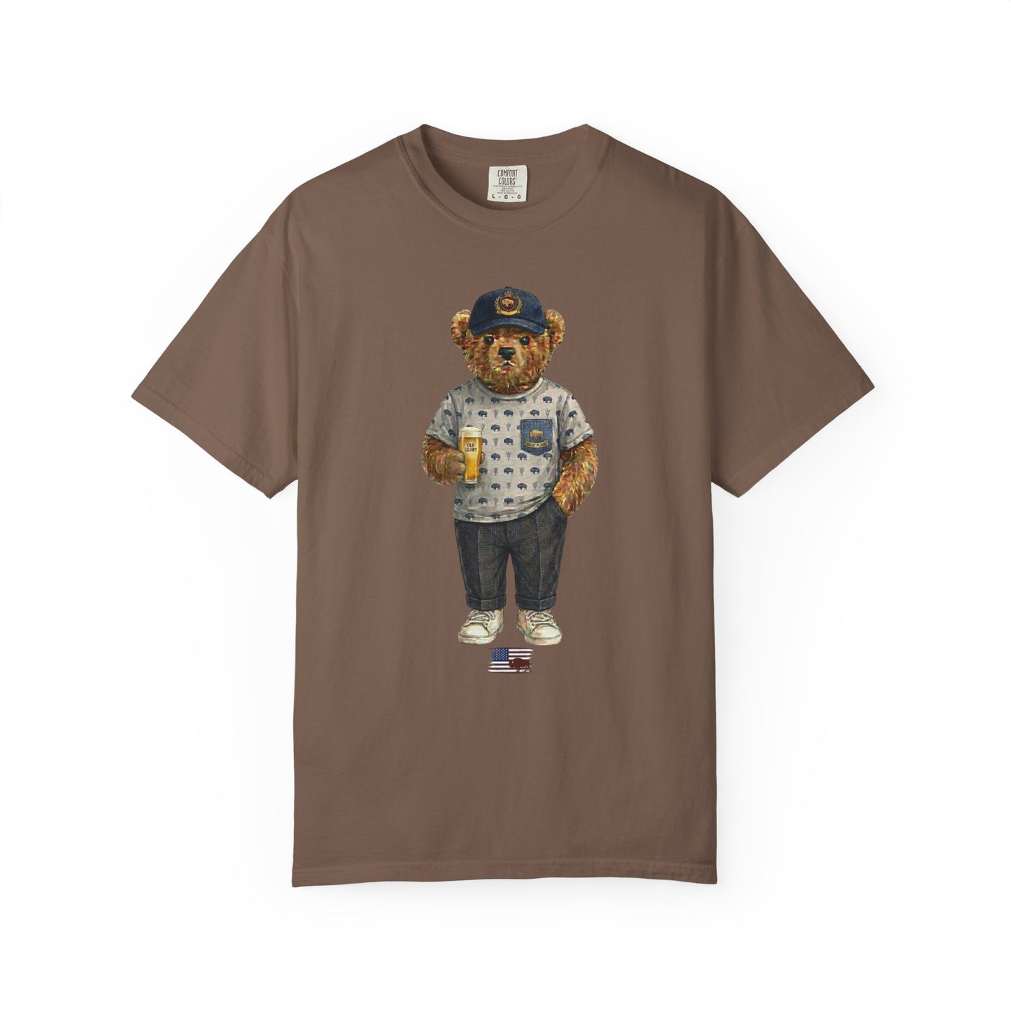 espresso t-shirt with a teddy bear graphic on a white background
