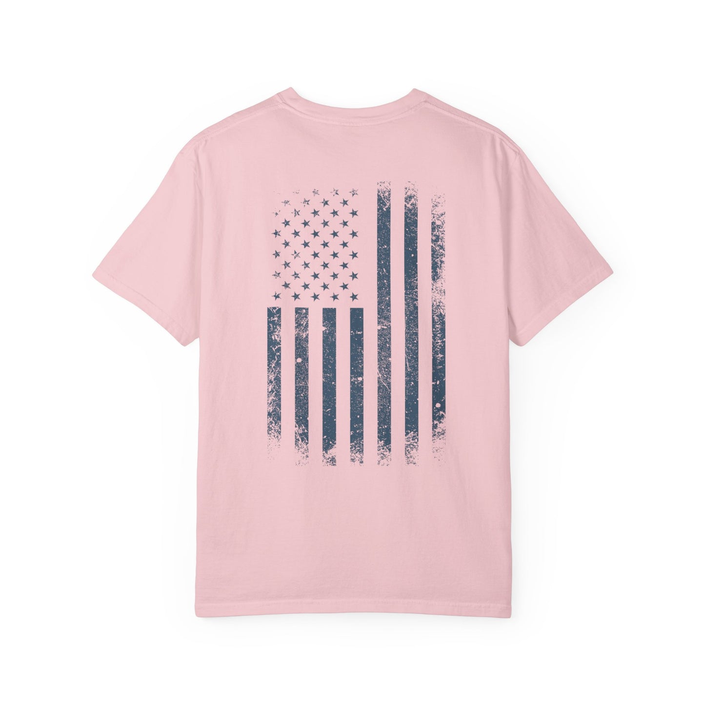 blossom t-shirt with blue graphic design  of soldiers and a flag on front and back 