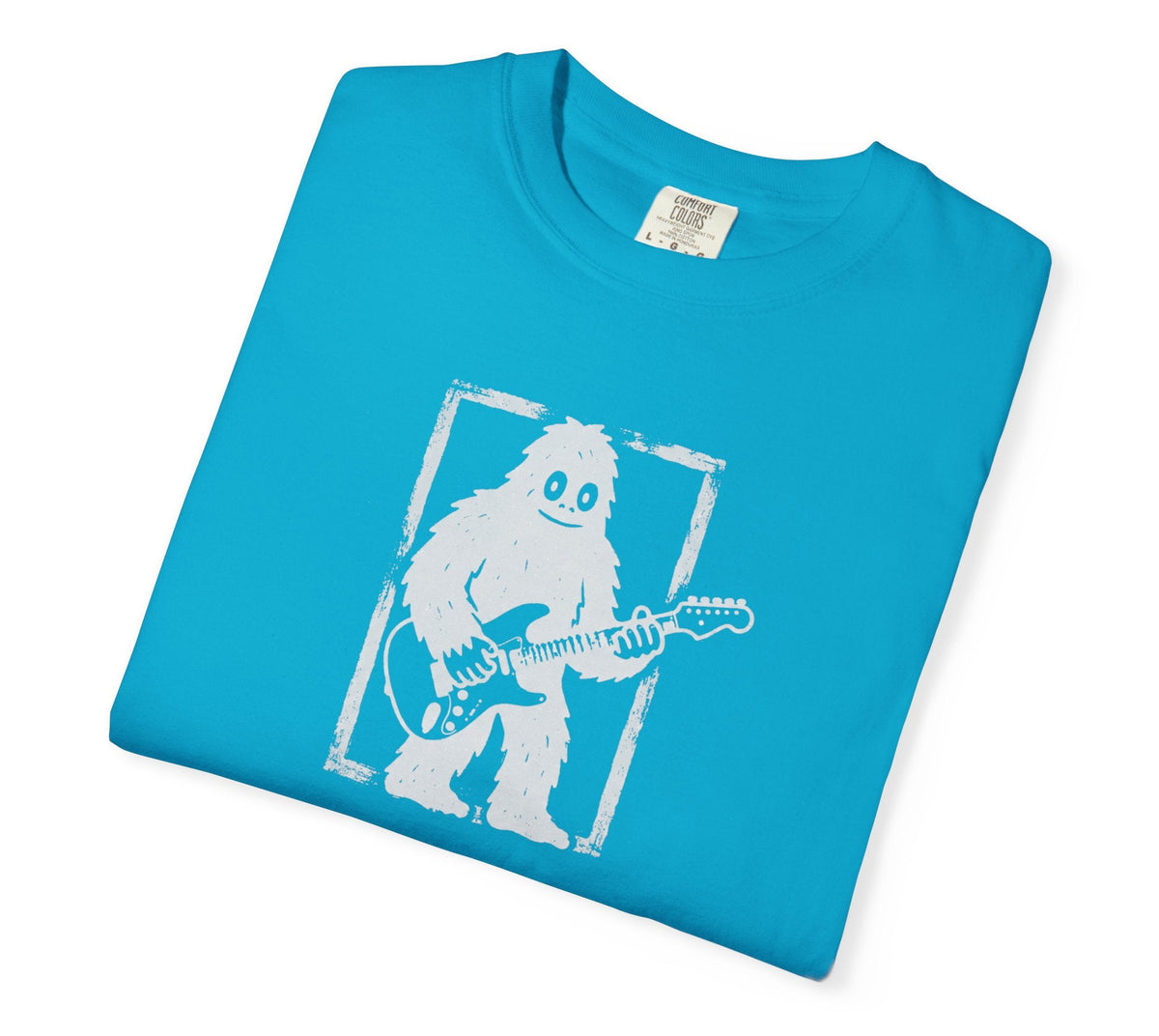 Sapphire garment-dyed Bigfoot guitar graphic tee, heavyweight ring-spun cotton vintage band shirt